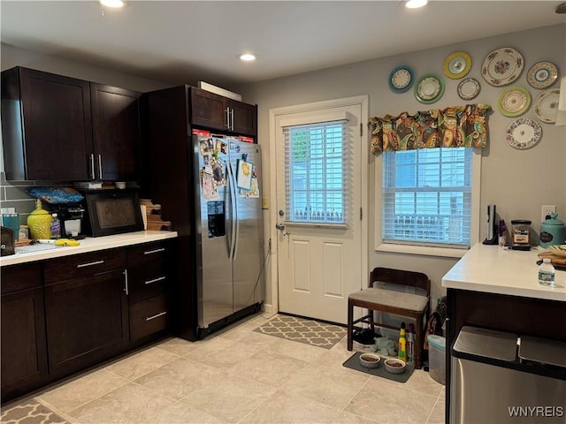 130 S 6th St, Olean-City, NY 14760 - kitchen with stainless steel fridge, light countertops, recessed lighting, and dark brown cabinets