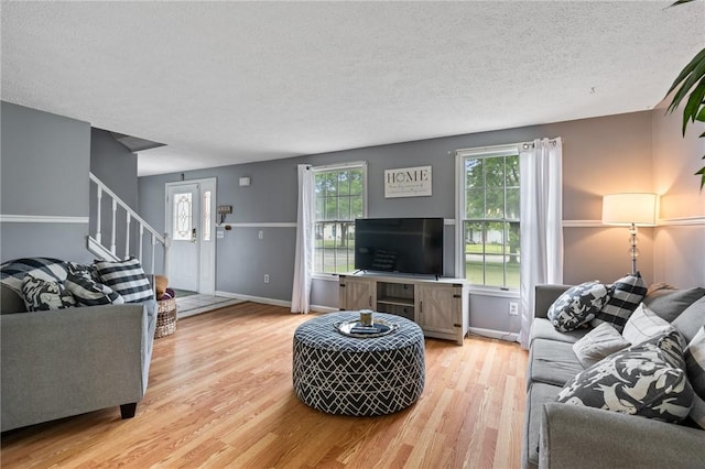 11 Shadow Ln, Gates, NY 14606 - living room with a textured ceiling, light wood-style floors, stairs, and baseboards