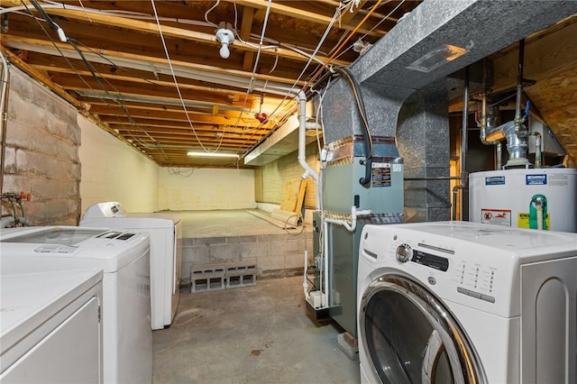 11 Shadow Ln, Gates, NY 14606 - laundry room with separate washer and dryer, concrete block wall, and water heater
