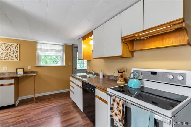7228 Rapids Rd, Lockport-Town, NY 14094 - kitchen featuring white electric range, dishwasher, a sink, wood finished floors, and white cabinetry