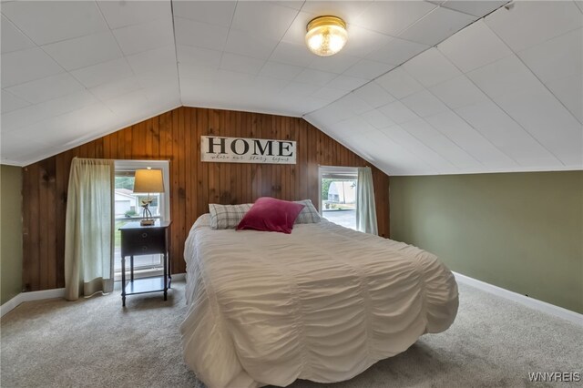 7228 Rapids Rd, Lockport-Town, NY 14094 - carpeted bedroom with lofted ceiling, wooden walls, and baseboards