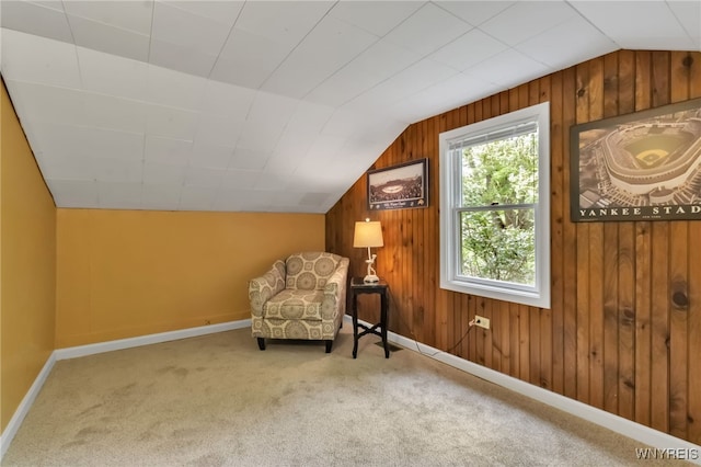 7228 Rapids Rd, Lockport-Town, NY 14094 - unfurnished room featuring vaulted ceiling, wooden walls, baseboards, and carpet flooring