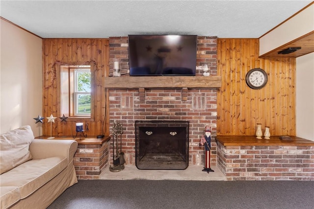 2203 State Route 14 N, Lyons, NY 14489 - living area featuring wooden walls, a fireplace, carpet, and crown molding