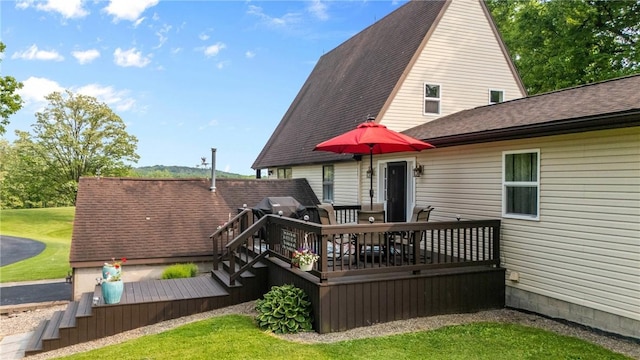 2203 State Route 14 N, Lyons, NY 14489 - back of property featuring a shingled roof, a wooden deck, and a yard