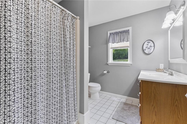 2203 State Route 14 N, Lyons, NY 14489 - bathroom with vanity, tile patterned floors, toilet, baseboards, and a shower with shower curtain