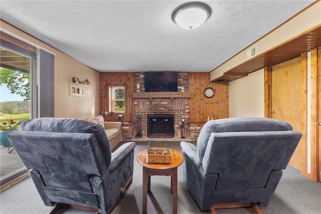 2203 State Route 14 N, Lyons, NY 14489 - carpeted living room with wooden walls, a fireplace, and a textured ceiling