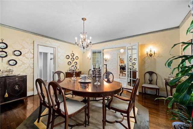 88 Middlesex Rd, Buffalo, NY 14216 - dining room with hardwood / wood-style floors, ornamental molding, a chandelier, baseboards, and wallpapered walls