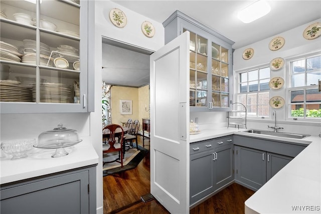 88 Middlesex Rd, Buffalo, NY 14216 - kitchen with gray cabinetry, a sink, glass insert cabinets, and dark wood finished floors