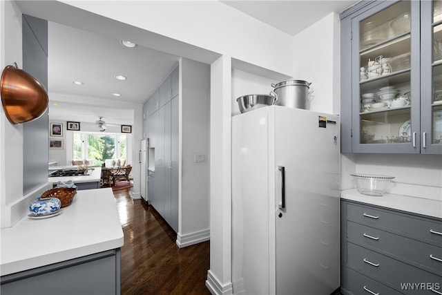 88 Middlesex Rd, Buffalo, NY 14216 - kitchen with freestanding refrigerator, gray cabinetry, dark wood finished floors, light countertops, and recessed lighting