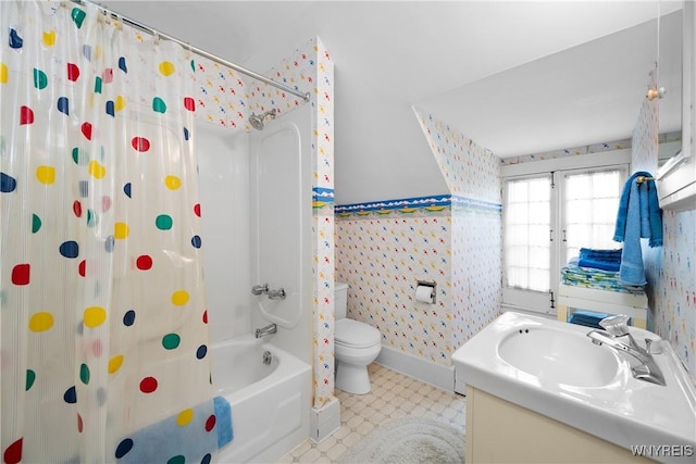 88 Middlesex Rd, Buffalo, NY 14216 - full bath featuring wallpapered walls, vanity, toilet, shower / bath combo, and tile patterned flooring
