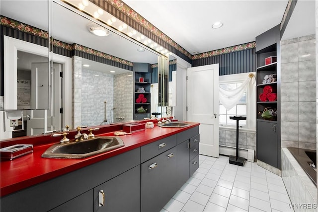 88 Middlesex Rd, Buffalo, NY 14216 - full bathroom with baseboard heating, tile patterned floors, wallpapered walls, double vanity, and tiled tub