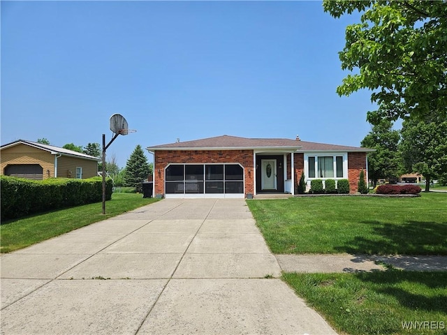 1 Woodstream Dr, Lancaster, NY 14086 - single story home featuring brick siding, an attached garage, a front lawn, and concrete driveway
