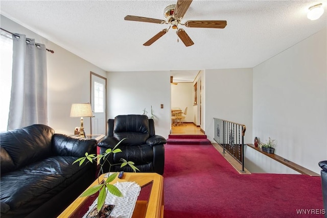 1 Woodstream Dr, Lancaster, NY 14086 - carpeted living room with a ceiling fan and a textured ceiling