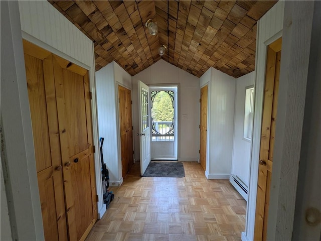 135 Hedgehog Ln, Bradford Town, PA 16701 - entrance foyer with a baseboard radiator, wooden ceiling, baseboards, and vaulted ceiling