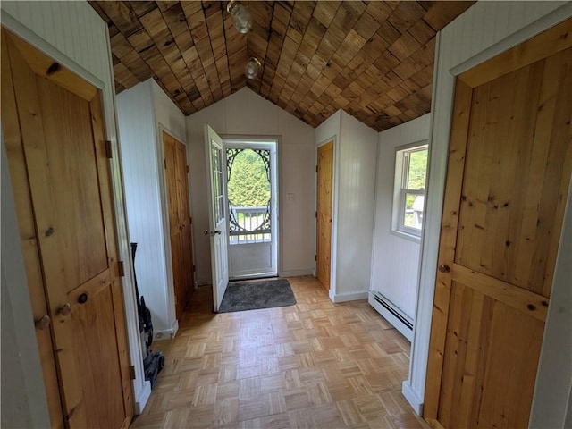 135 Hedgehog Ln, Bradford Town, PA 16701 - entrance foyer featuring wood ceiling, vaulted ceiling, baseboards, and a baseboard heating unit