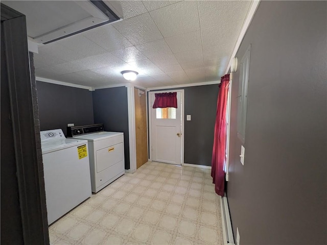 135 Hedgehog Ln, Bradford Town, PA 16701 - laundry room featuring light flooring, washing machine and dryer, ornamental molding, and baseboards