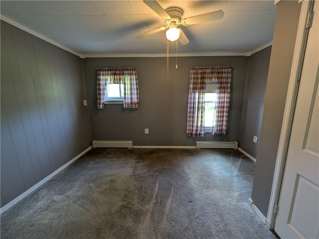 135 Hedgehog Ln, Bradford Town, PA 16701 - carpeted spare room with a baseboard radiator, crown molding, ceiling fan, and baseboards