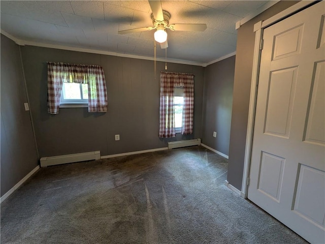 135 Hedgehog Ln, Bradford Town, PA 16701 - unfurnished room featuring baseboard heating, carpet floors, a ceiling fan, baseboards, and ornamental molding