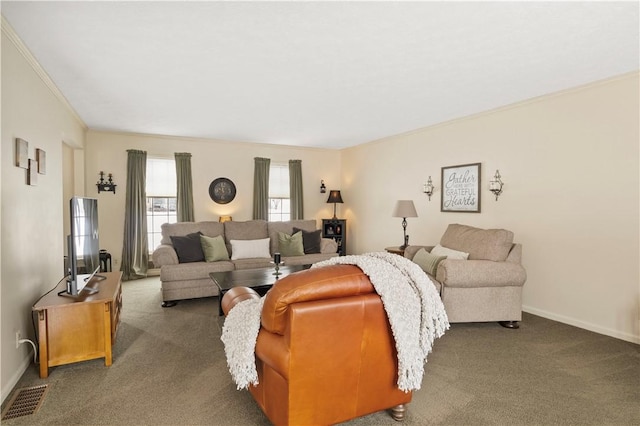 439 Red Apple Ln, Greece, NY 14612 - carpeted living room with baseboards and ornamental molding