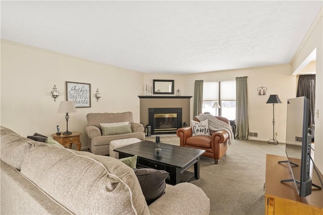439 Red Apple Ln, Greece, NY 14612 - living room featuring light carpet, a glass covered fireplace, baseboards, and ornamental molding