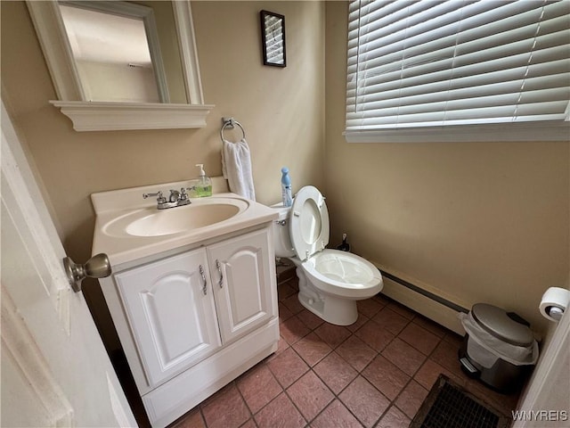 57 Brookdale Dr, Amherst, NY 14221 - half bath featuring a baseboard heating unit, toilet, vanity, and tile patterned floors