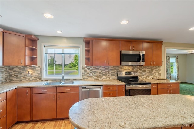 8278 Maple Rd, Clay, NY 13041 - kitchen featuring stainless steel appliances, open shelves, a sink, backsplash, and recessed lighting
