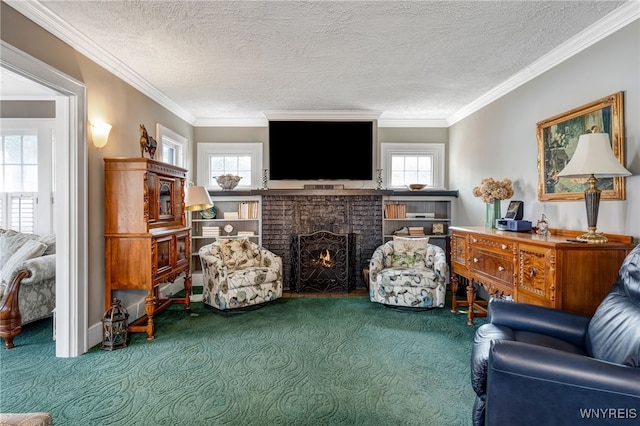 8431 W Rivershore Dr, Niagara Falls, NY 14304 - living area featuring carpet flooring, a lit fireplace, ornamental molding, and a textured ceiling