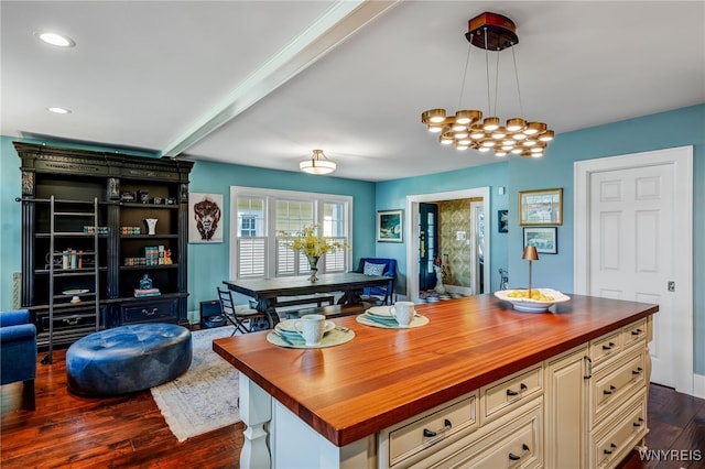 8431 W Rivershore Dr, Niagara Falls, NY 14304 - kitchen featuring butcher block countertops, dark wood-style flooring, cream cabinets, recessed lighting, and beam ceiling