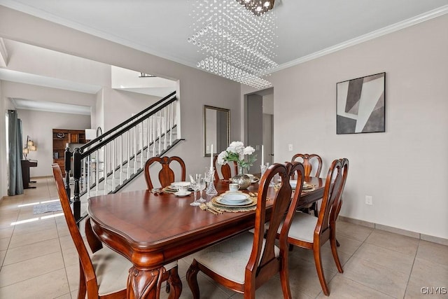 163 Golden Meadows Way, Camillus, NY 13164 - dining area with stairway, light tile patterned floors, ornamental molding, and baseboards