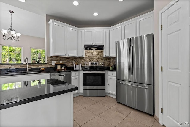 163 Golden Meadows Way, Camillus, NY 13164 - kitchen with appliances with stainless steel finishes, a sink, under cabinet range hood, dark countertops, and white cabinets