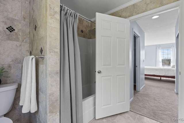 163 Golden Meadows Way, Camillus, NY 13164 - bathroom featuring toilet, shower / bathtub combination with curtain, and tile walls
