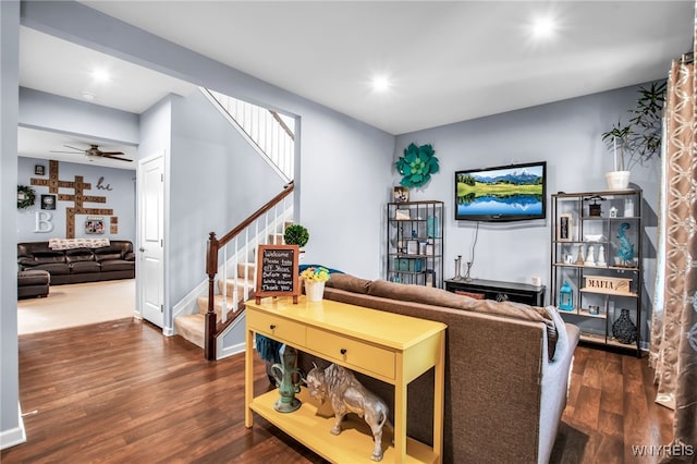 123 Stonebridge Rd, Grand Island, NY 14072 - living room featuring stairs, dark wood finished floors, recessed lighting, and ceiling fan