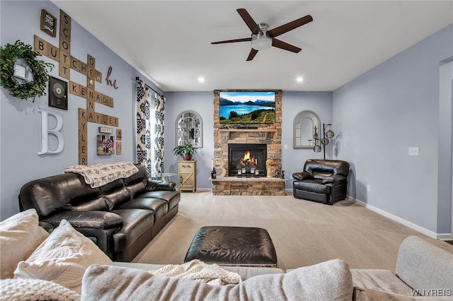 123 Stonebridge Rd, Grand Island, NY 14072 - living area with carpet floors, a fireplace, a ceiling fan, recessed lighting, and baseboards