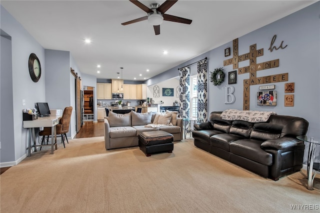 123 Stonebridge Rd, Grand Island, NY 14072 - living room featuring a ceiling fan, light carpet, recessed lighting, a desk, and baseboards