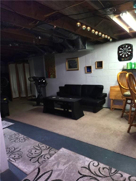313 Gardner Rd, Horseheads, NY 14845 - carpeted living room featuring concrete block wall