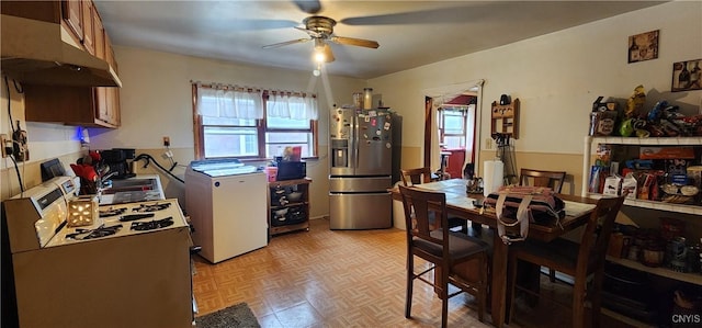16 Bryant St, Utica, NY 13502 - kitchen featuring stainless steel refrigerator with ice dispenser, white range with gas cooktop, extractor fan, ceiling fan, and fridge