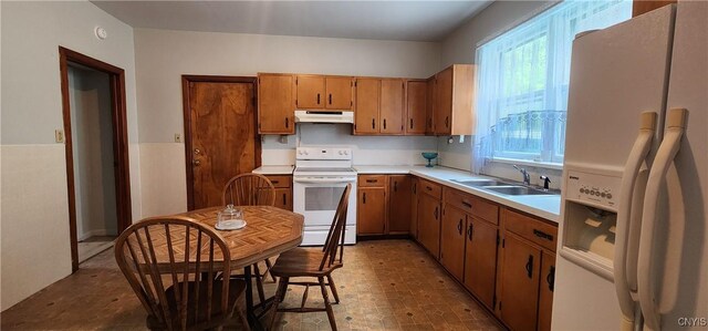 16 Bryant St, Utica, NY 13502 - kitchen with white appliances, under cabinet range hood, a sink, brown cabinetry, and light countertops