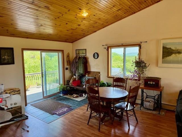 251 Pearsall Rd, Westford, NY 12155 - dining room with lofted ceiling, healthy amount of natural light, a baseboard radiator, wood finished floors, and wood ceiling
