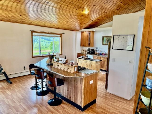 251 Pearsall Rd, Westford, NY 12155 - kitchen with a kitchen breakfast bar, glass insert cabinets, light wood-type flooring, brown cabinetry, and wood ceiling