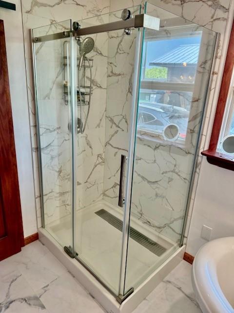 251 Pearsall Rd, Westford, NY 12155 - full bath with marble finish flooring, a marble finish shower, and baseboards