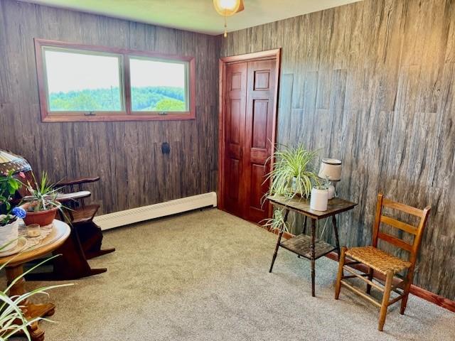 251 Pearsall Rd, Westford, NY 12155 - living area featuring a baseboard heating unit, carpet floors, and wood walls