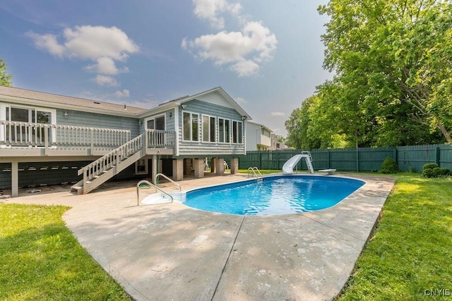 4190 Stepping Stone Ln, Clay, NY 13090 - view of pool with stairs, a deck, a patio area, and a water slide