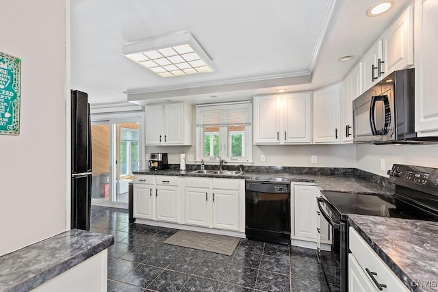 4190 Stepping Stone Ln, Clay, NY 13090 - kitchen featuring black appliances, a sink, ornamental molding, white cabinets, and dark countertops