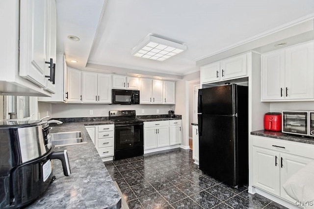 4190 Stepping Stone Ln, Clay, NY 13090 - kitchen featuring black appliances, white cabinetry, crown molding, dark countertops, and recessed lighting