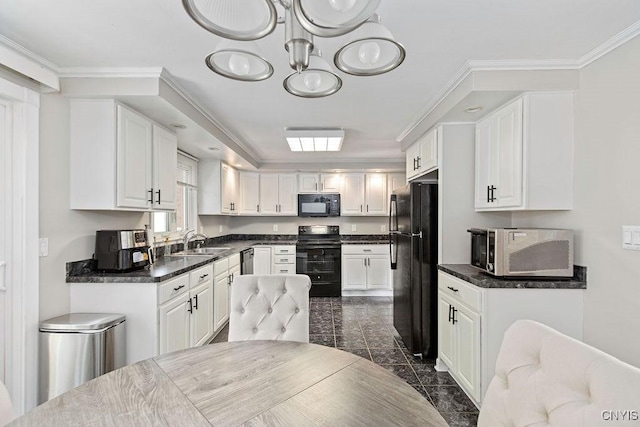 4190 Stepping Stone Ln, Clay, NY 13090 - kitchen with black appliances, white cabinetry, a sink, ornamental molding, and a chandelier