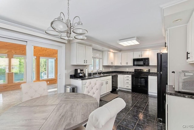 4190 Stepping Stone Ln, Clay, NY 13090 - kitchen featuring black appliances, a sink, a chandelier, dark countertops, and white cabinets