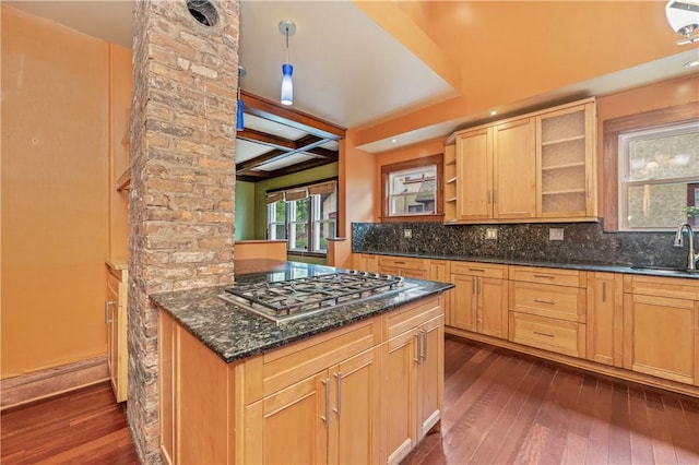 1579 Culver Rd, Rochester, NY 14609 - kitchen with stainless steel gas stovetop, coffered ceiling, light brown cabinetry, dark wood finished floors, and tasteful backsplash