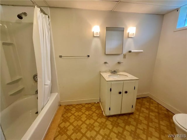 21 Kathy Ln, West Seneca, NY 14224 - full bath featuring tile patterned floors, vanity, toilet, shower / tub combo with curtain, and baseboards
