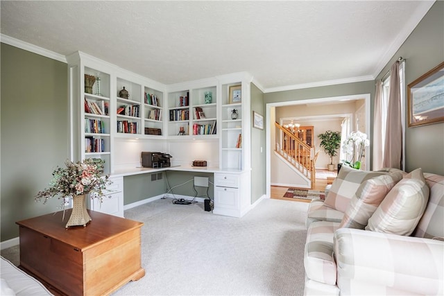 2 Princeton Ln, Perinton, NY 14450 - home office featuring built in study area, crown molding, light colored carpet, a chandelier, and baseboards