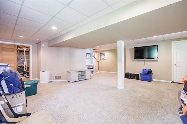 2 Princeton Ln, Perinton, NY 14450 - finished basement with a paneled ceiling, carpet, baseboards, and recessed lighting